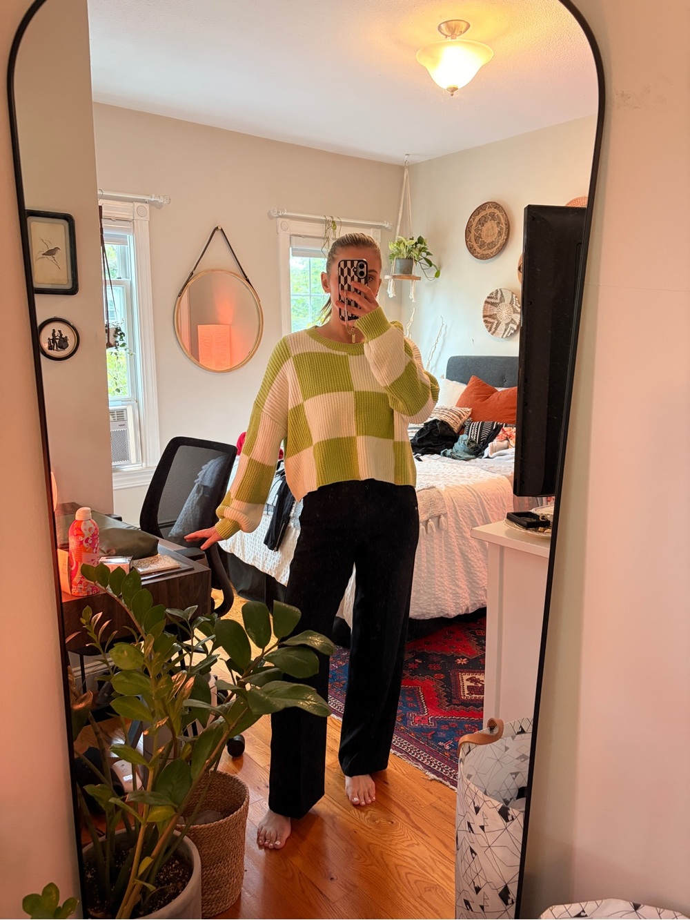 Checkerboard Cropped Knit Sweater - Green & White
